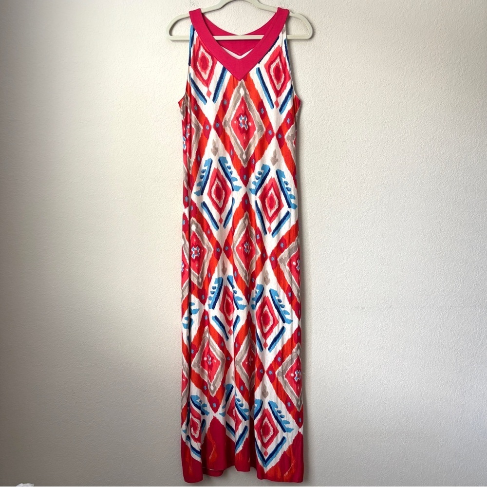 Chico's NEW Ikat Maxi Dress Multicolor Sleeveless V-Neckline Soft Stretchy Knit